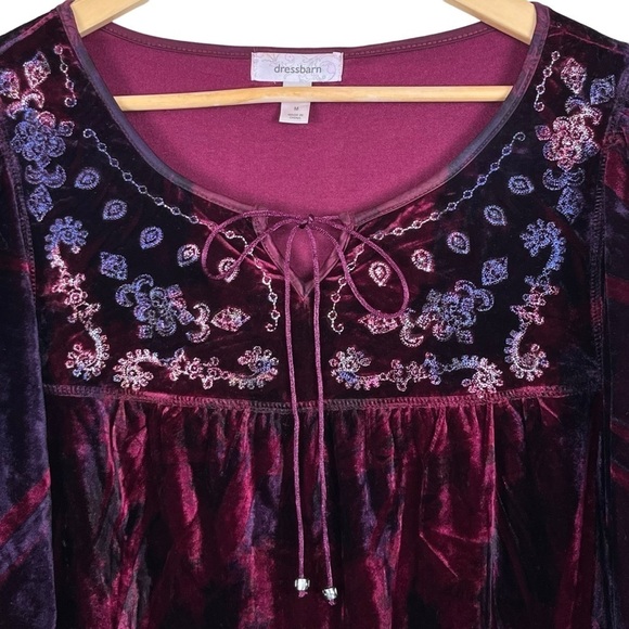 Whimsigoth Boho Velvet Burgundy & Purple Tie-Dyed Look Peasant Top Size Medium - Picture 3 of 12